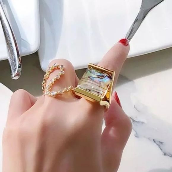 Gold titanium and genuine natural abalone boho chic statement ring sz 8 new - Picture 6 of 7